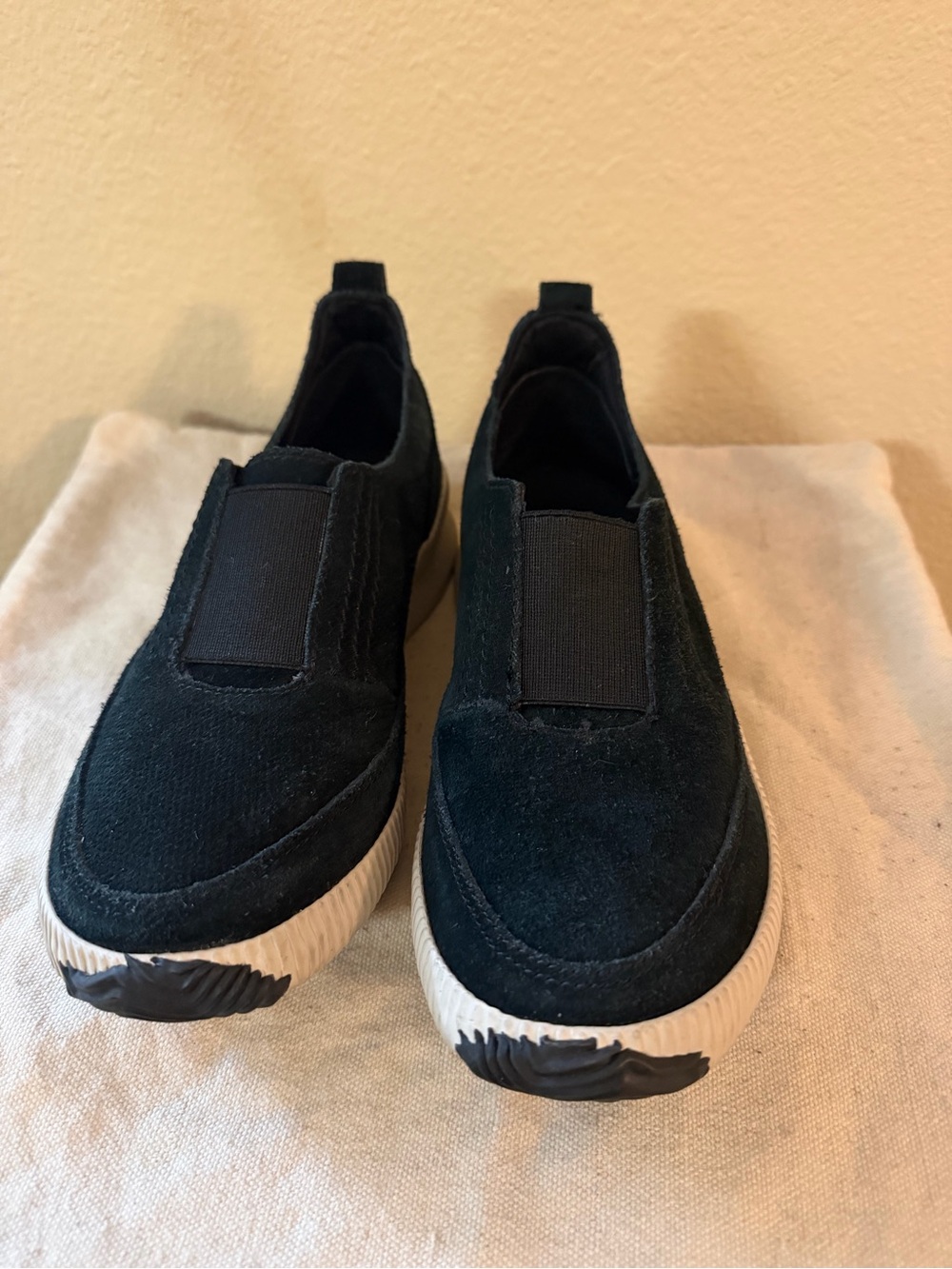 Sorel Black Slip-On Suede Sneakers with White Rubber Sole
